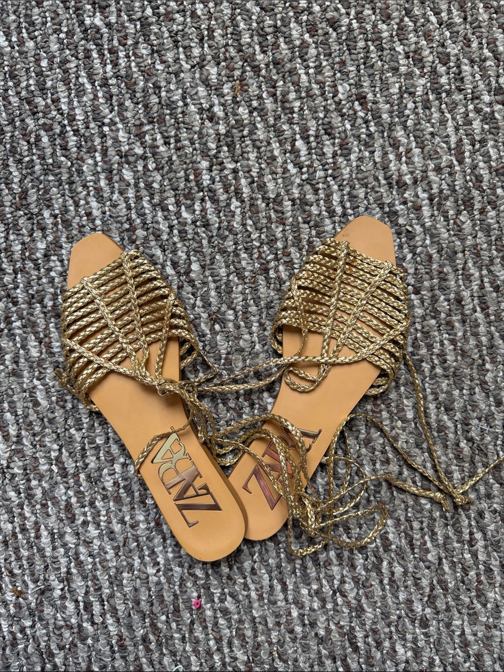 Zara Metallic Gold Braided Lace-Up Flat Sandals